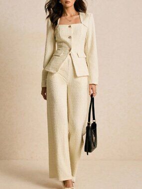 White Elegant Women's Swan Collar Jacket Set